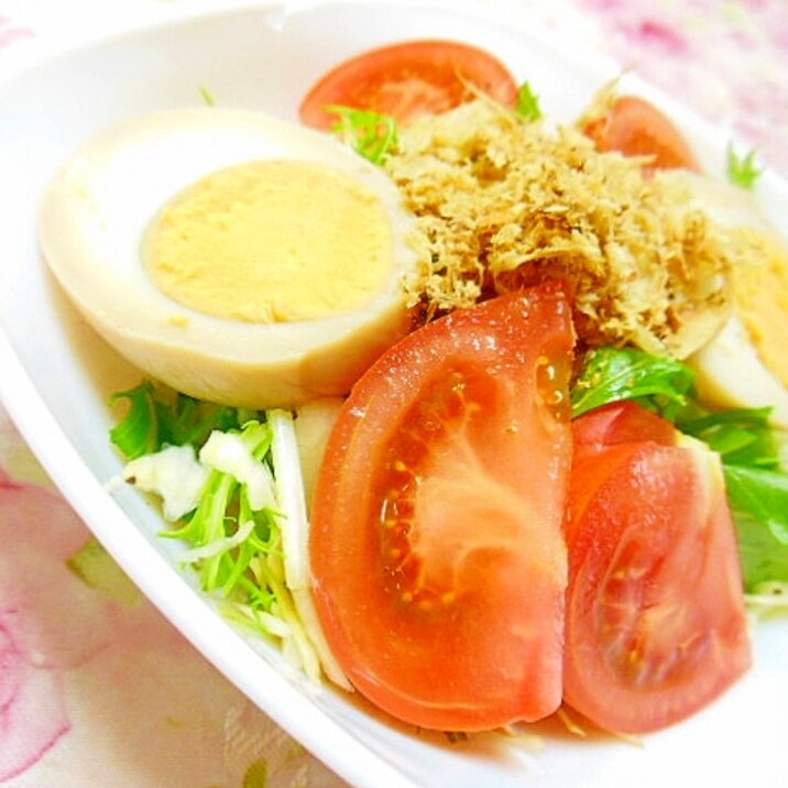 ❤水菜と大葉とトマトと山葵ドレ漬け卵のサラダ❤